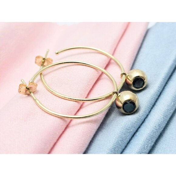 Beautiful 14K Karat Solid Yellow Gold Designer Black Diamond Stud Hoop Earrings - Picture 1 of 15